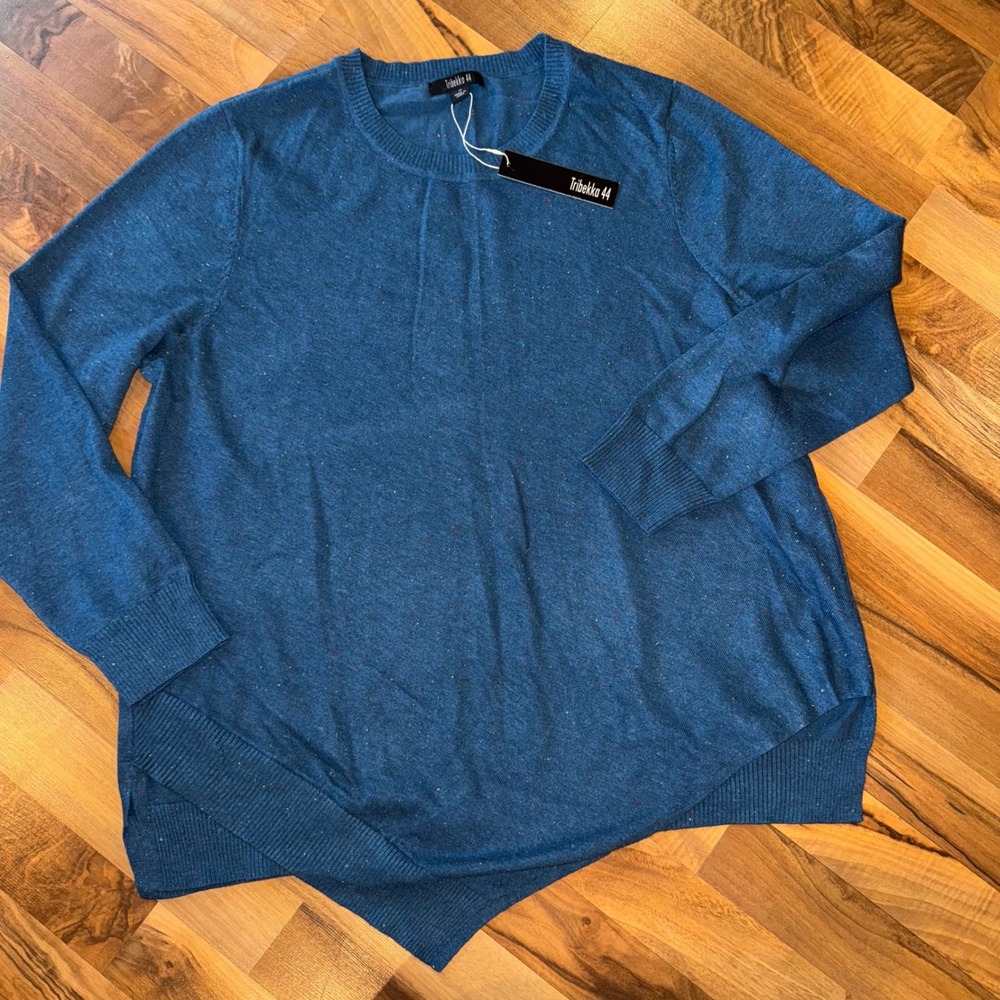 Tribekko 44 Blue Speckled‎ Crew Neck Sweater Size 1X Asymmetrical Hem New fall